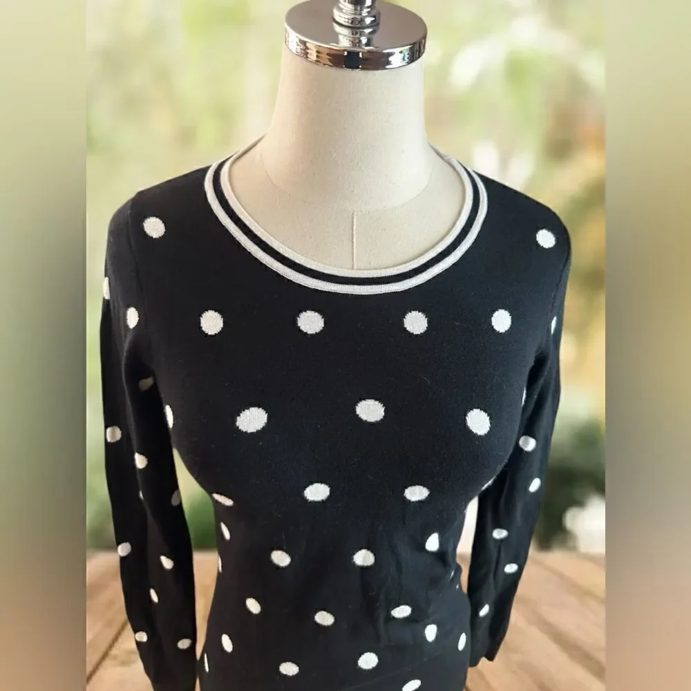 J. Crew Crewneck Pullover Sweater Jumper in Black Ivory Polka Dot Size S